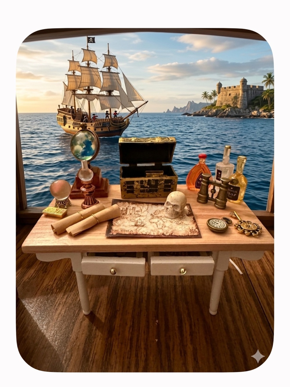 Miniature Pirate Desk Scene with Treasure Chest and Map - Blue Ocean Backdrop